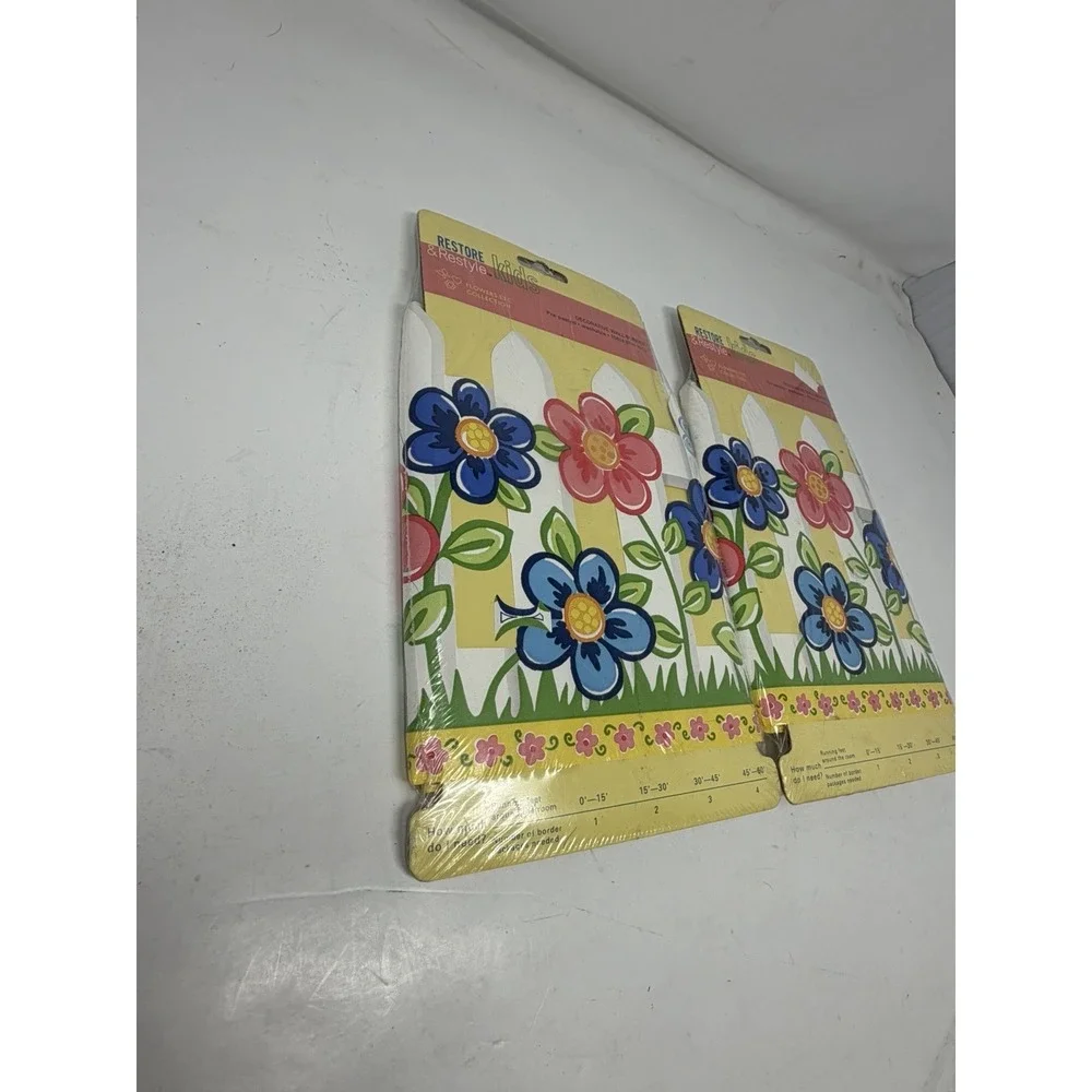 Vtg Restore & Restyle Kids Wall Border White Picket Fence‎ Flowers 2 Packs 30ft